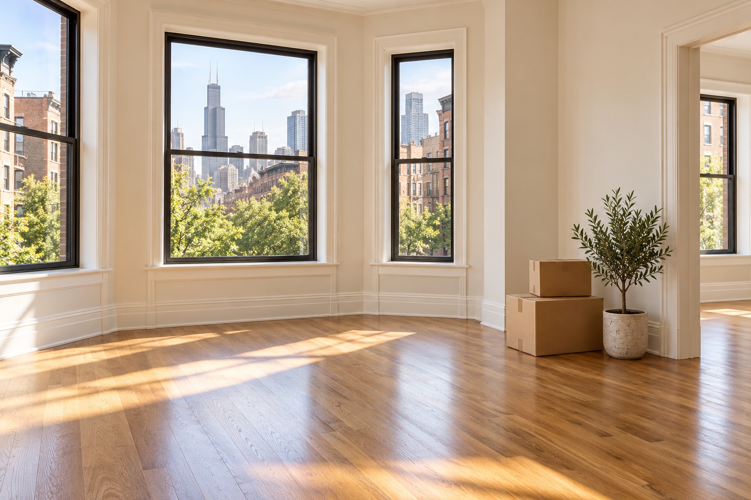 Freshly cleaned empty apartment with moving boxes beside a leafy plant